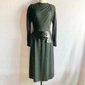 1940s Black Rayon Crepe & Satin Wiggle Dress Hip Interest with Pocket